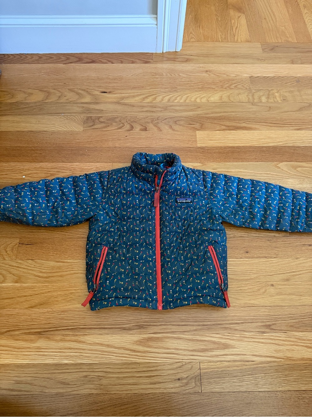 Patagonia Kids Teal Floral Puffer Jacket with Coral Trim